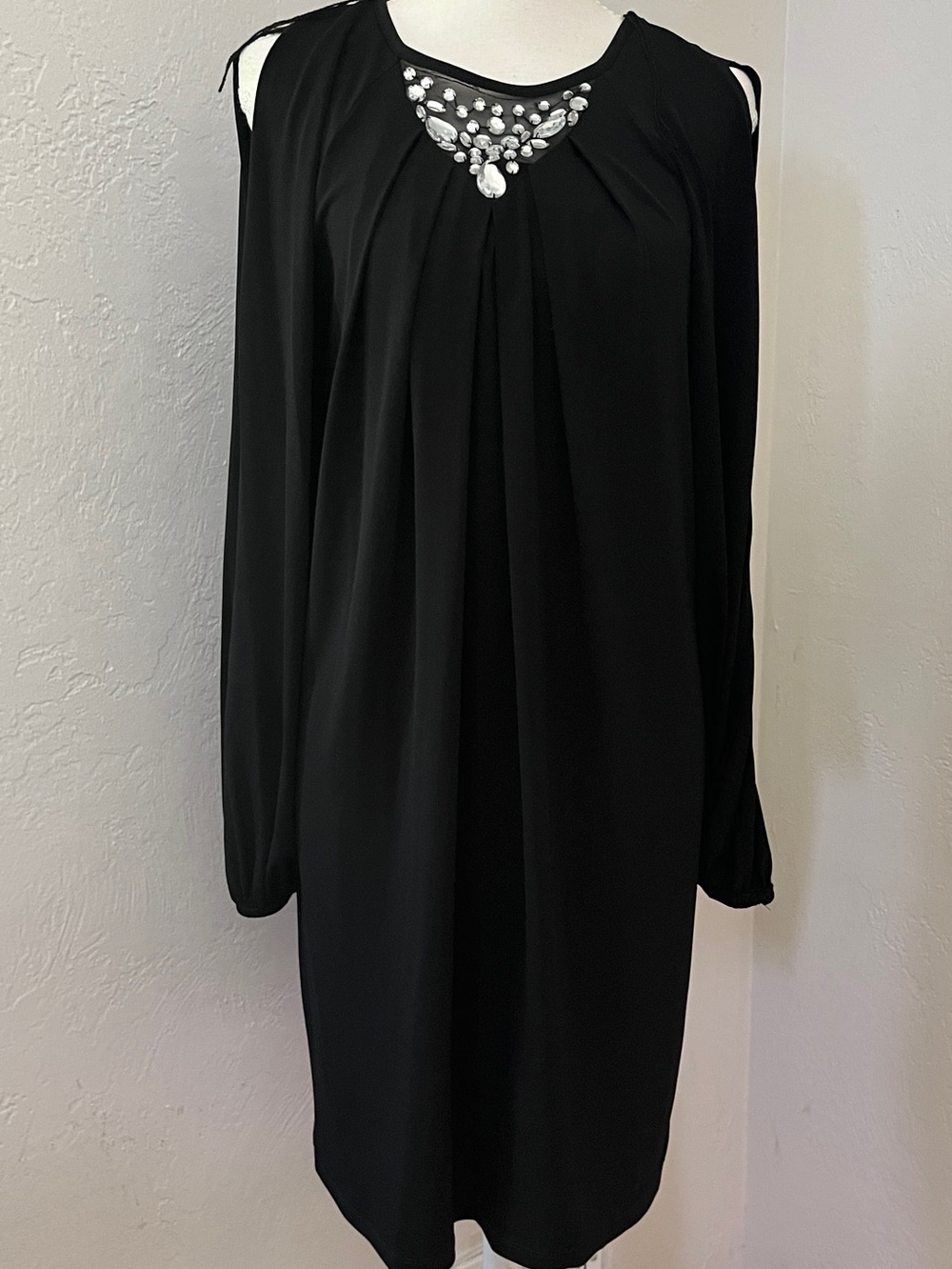 London Times Black Long-Sleeve Cold-Shoulder Dress with Crystal Accents